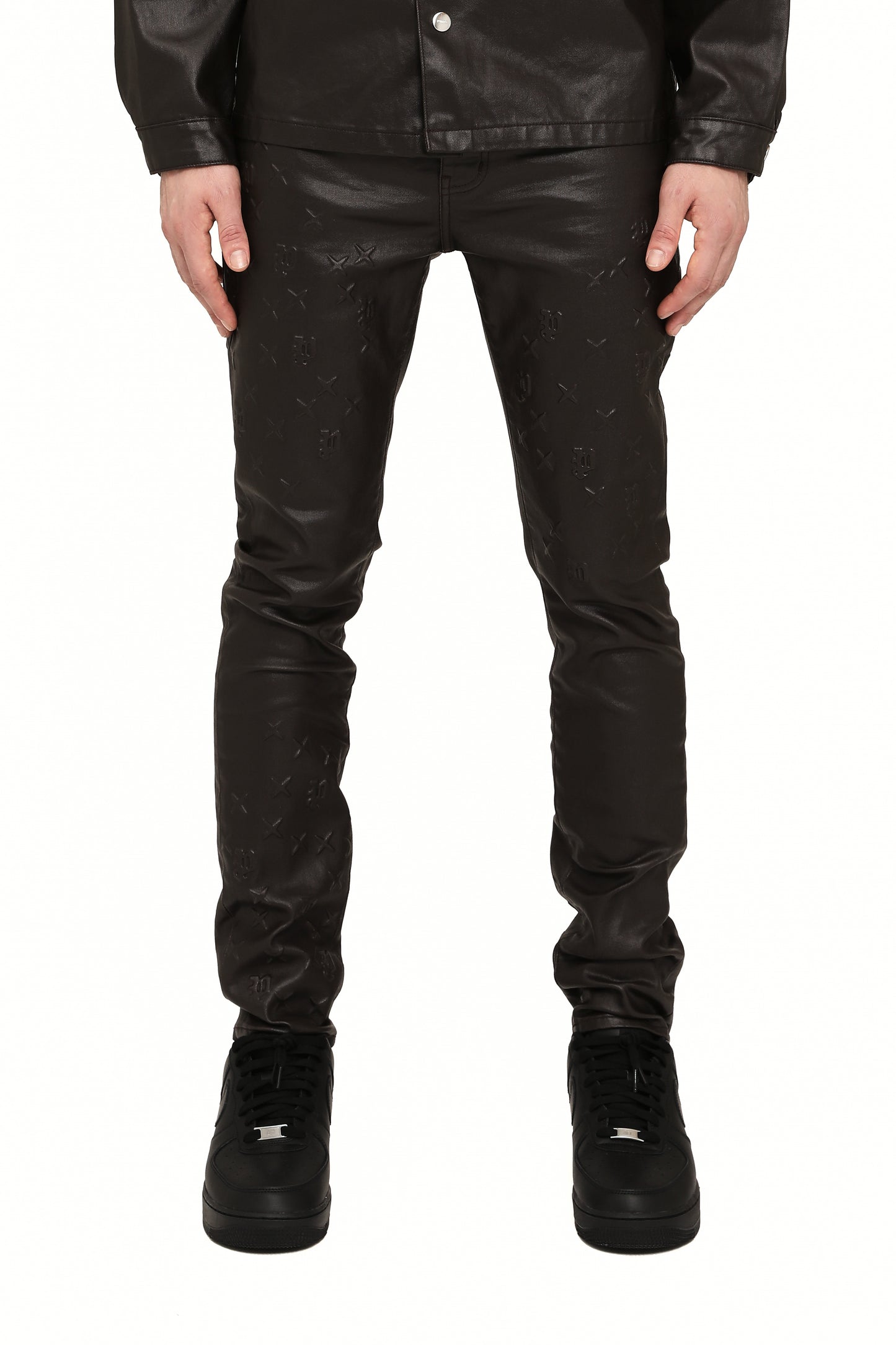 P001 Embossed Monogram Denim, Low Rise Stretch Skinny, available in sizes 28 to 40