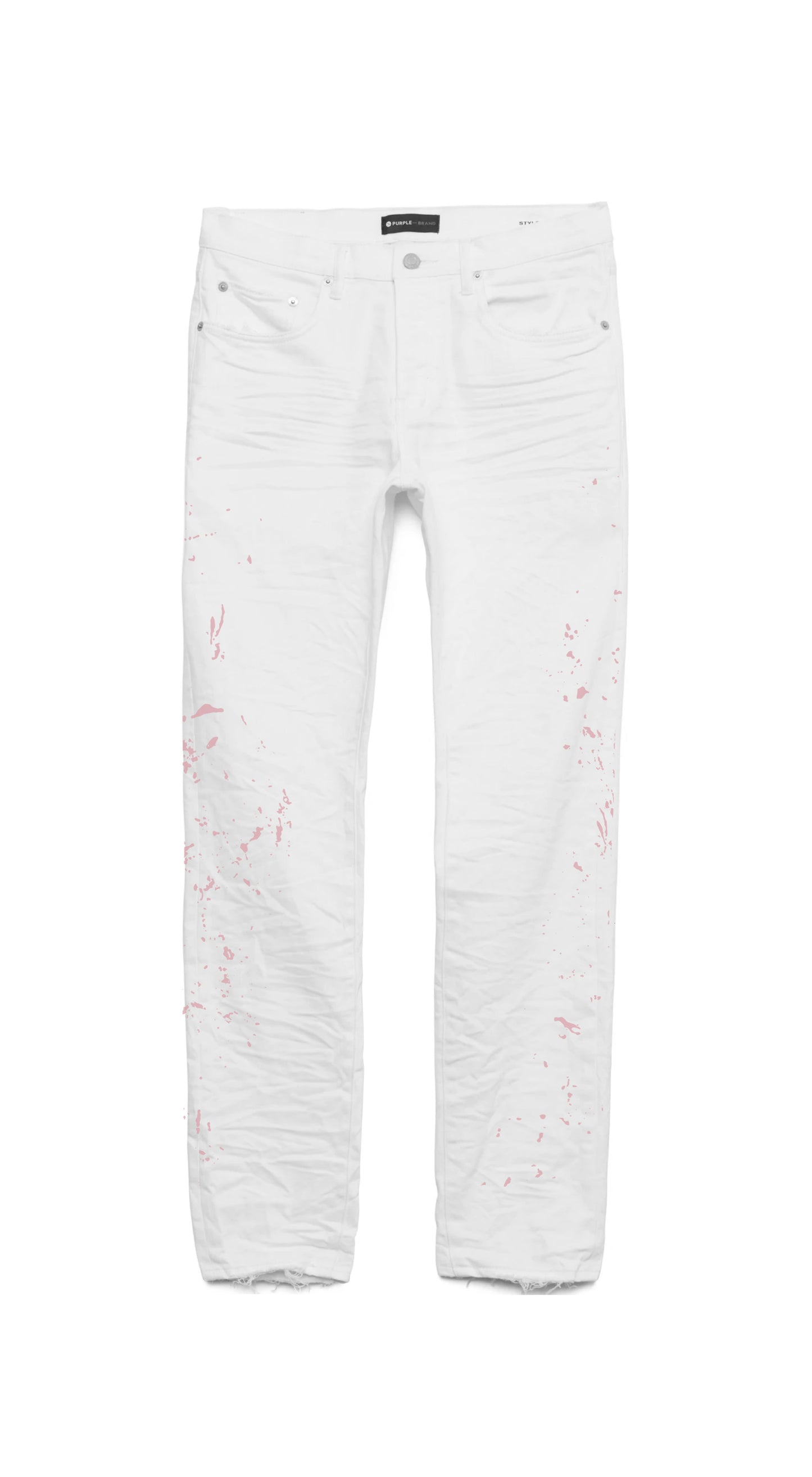 Zola Blanco distressed slim-fit washed white denim jeans with purple hangtag and leather patch.