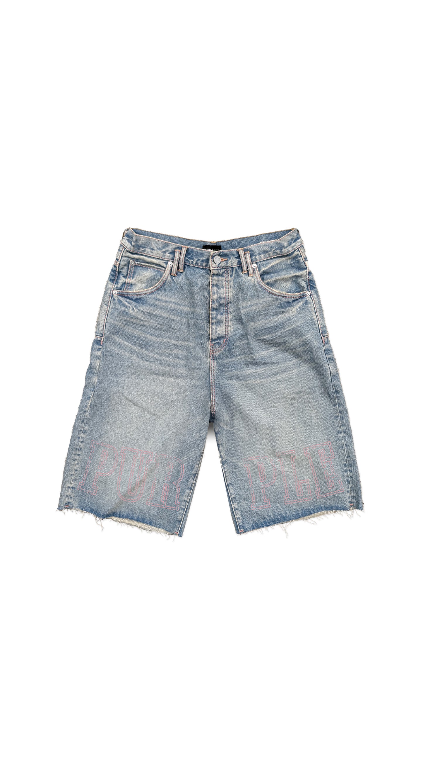 P059 Slab Wordmark Short in vintage wash light indigo with Tuffetage embroidery and relaxed fit.