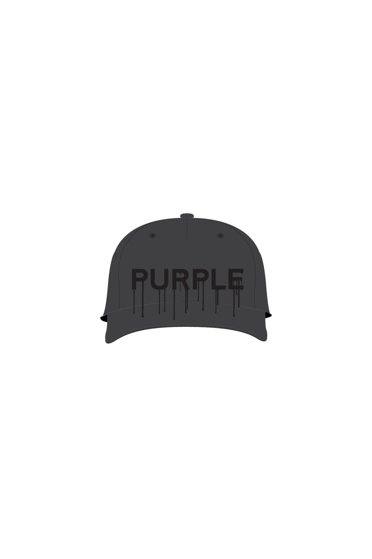 Purple Brand black trucker hat with paneled design, curved visor, and padded embroidery logo.