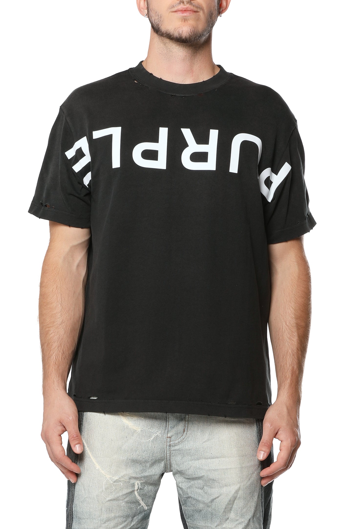 P117-HWBF326 White Label regular fit heavy jersey tee with flock transfer and distressing