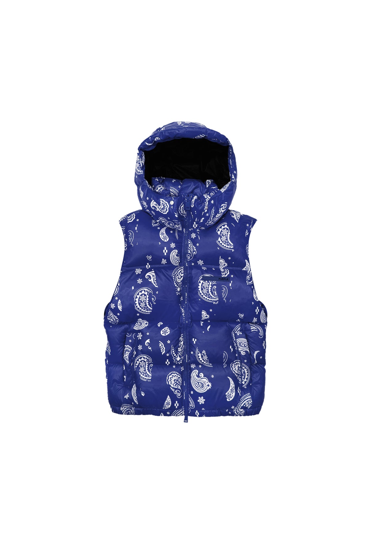 P623 Paisley Blue Puffer Vest with snap-off hood and water-repellent nylon outer shell