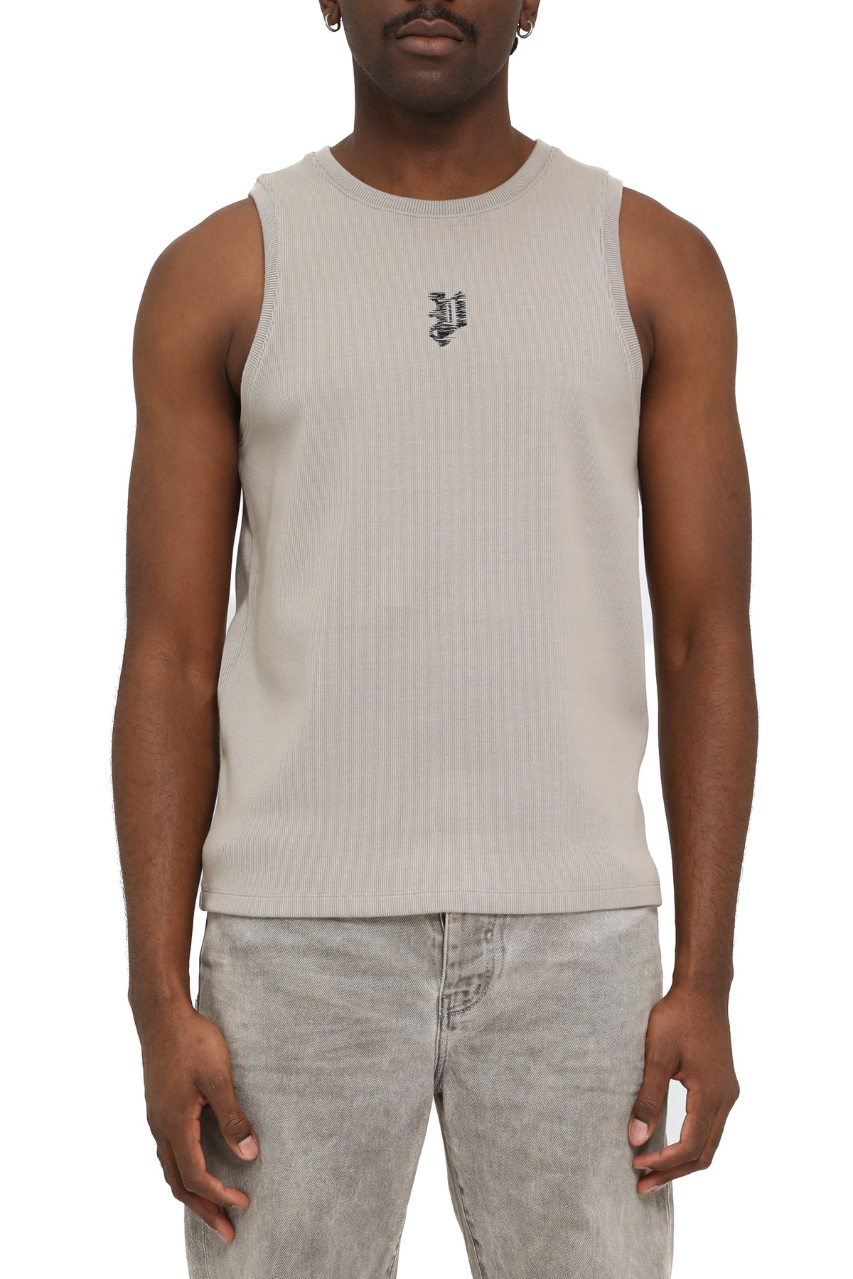 Scribbled P Ribbed Tank Top in gray, slim fit, made of 96% cotton and 4% spandex.