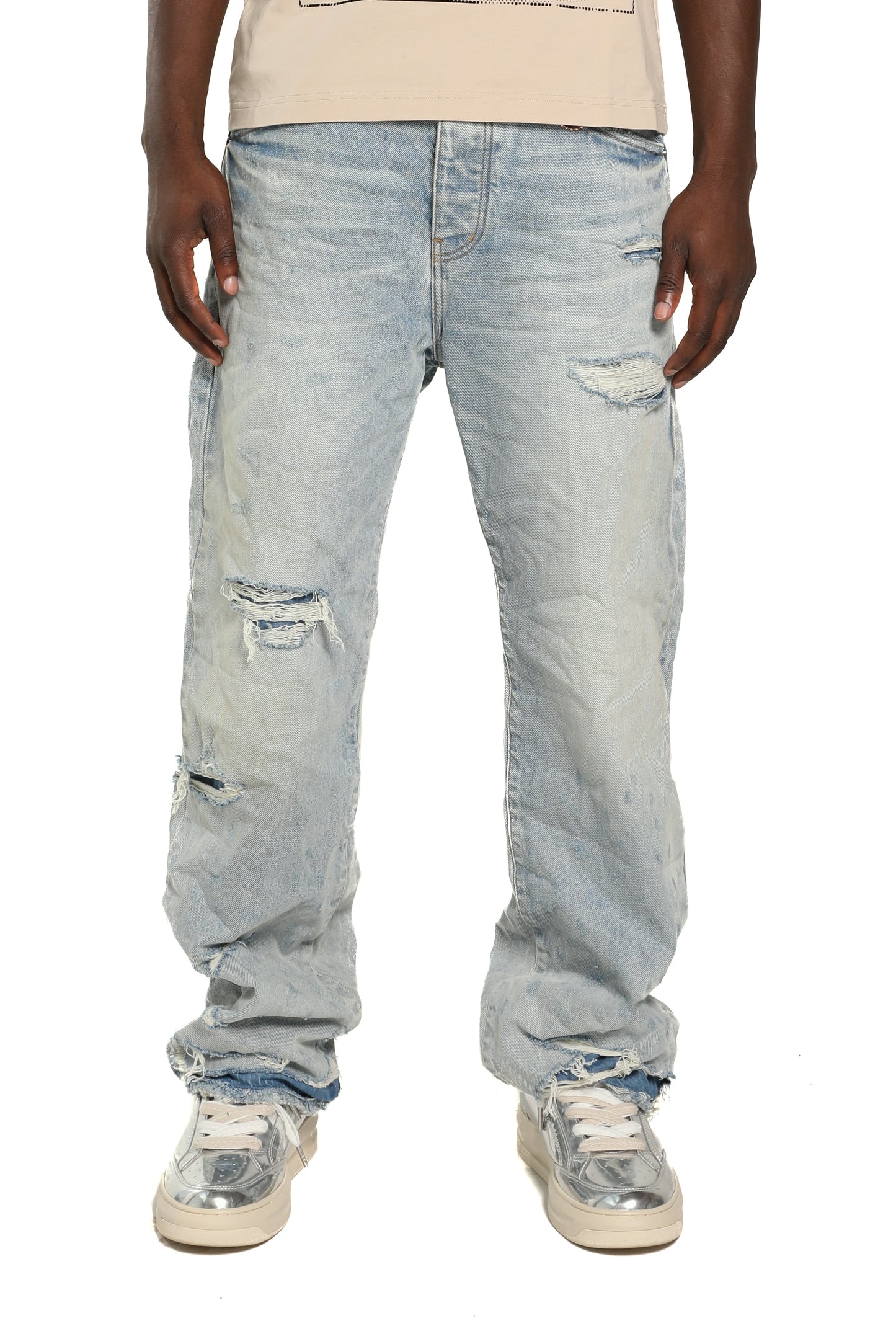 P018 Lucca Destroyed baggy denim with front blowouts and surface abrasions, size 28.