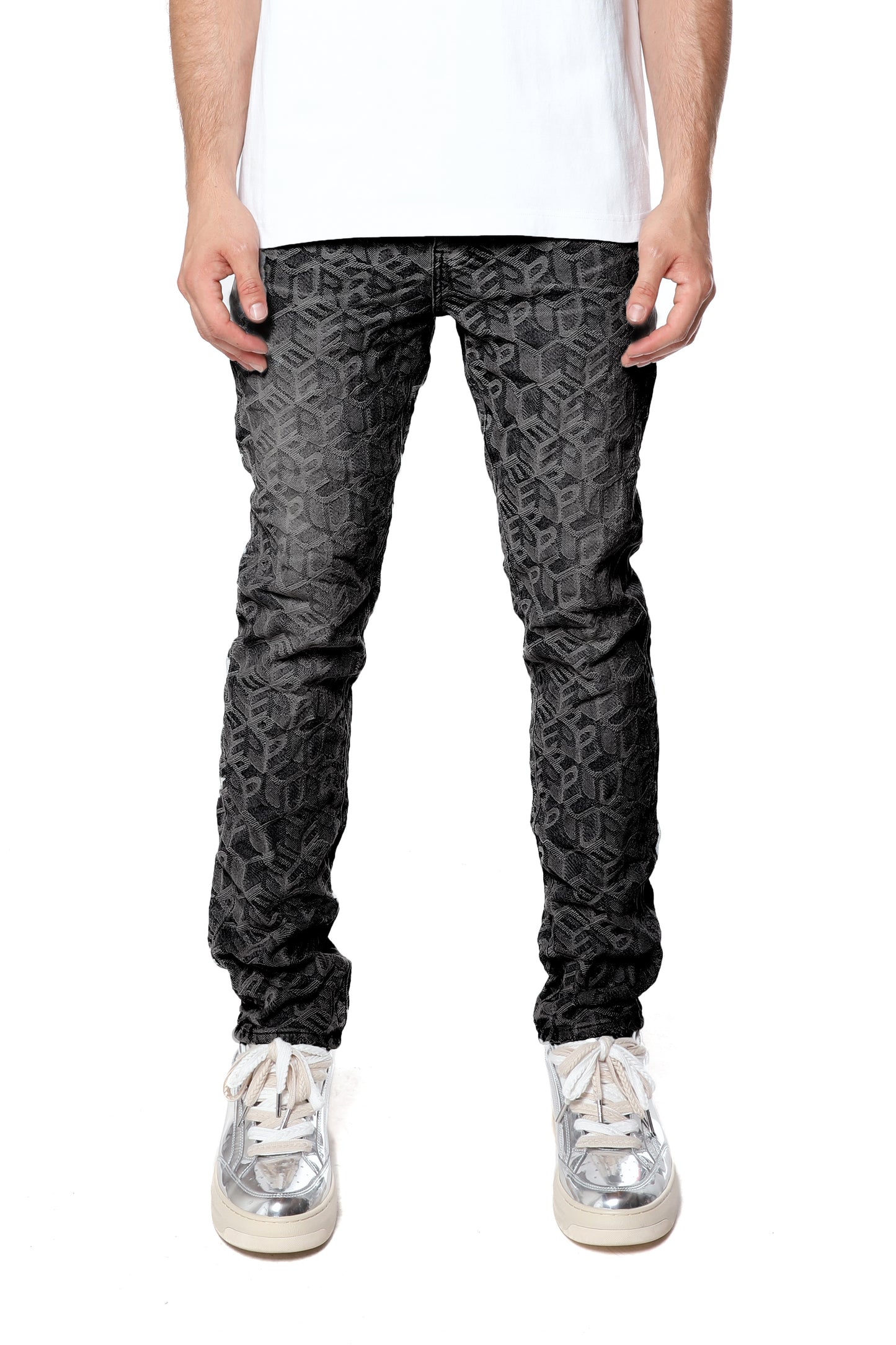 P005 Monogram Denim in various sizes with printed monogram pattern and button fly design.