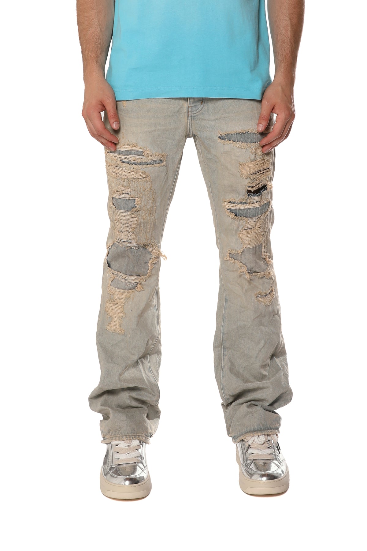 P026 Destroy Repair mid-rise bootcut denim with rips and repairs, size 33.