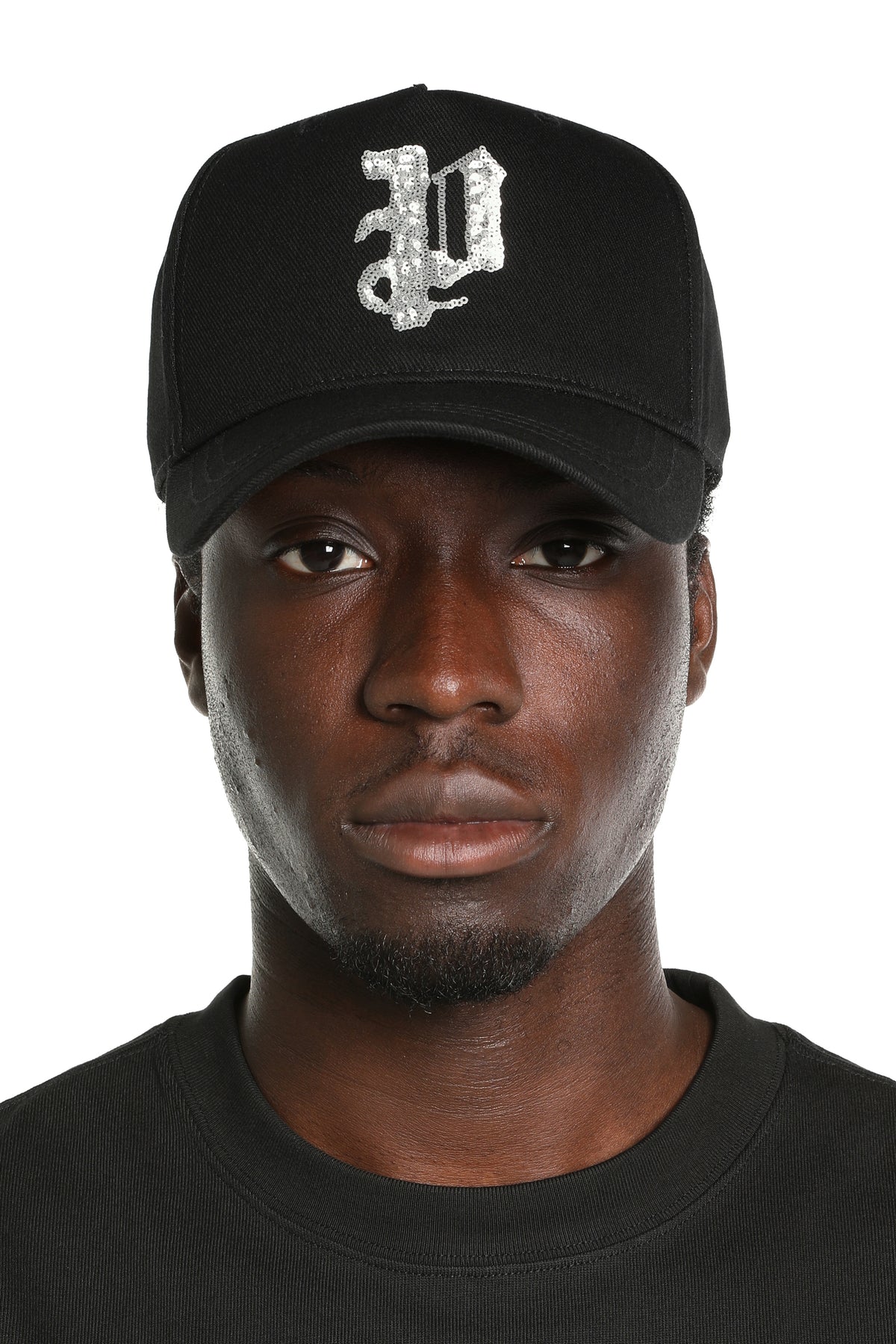 Sequin P Logo Hat with sequin logo on crown and back arch, featuring a leather strap and buckle.
