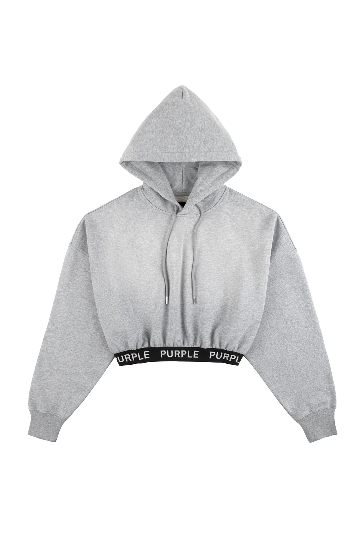 Heather Cropped Hoodie in grey French terry with drawcords and Purple Brand logo blocking.