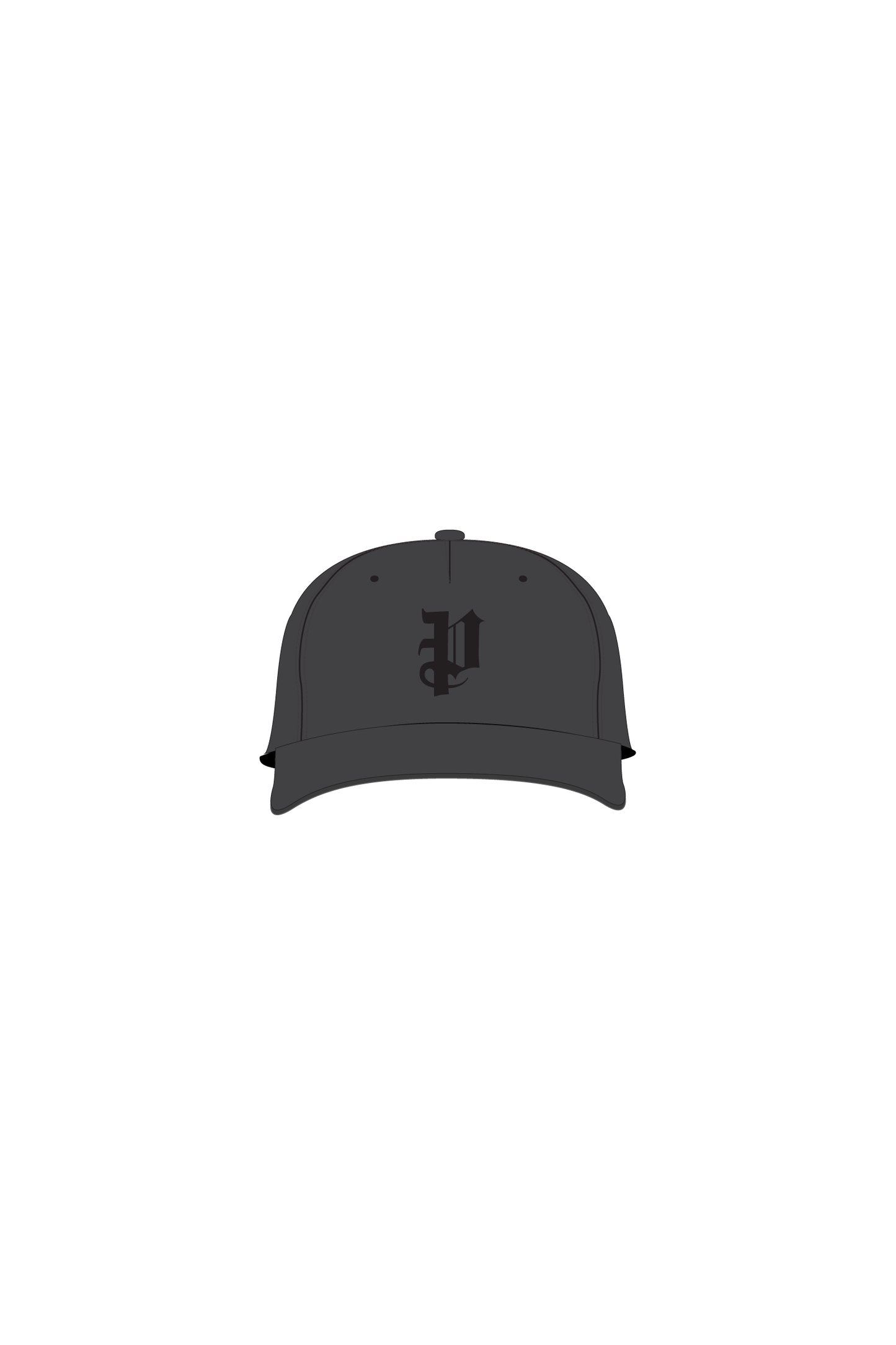 Purple Brand trucker hat in black cotton twill, five-paneled design with curved visor.