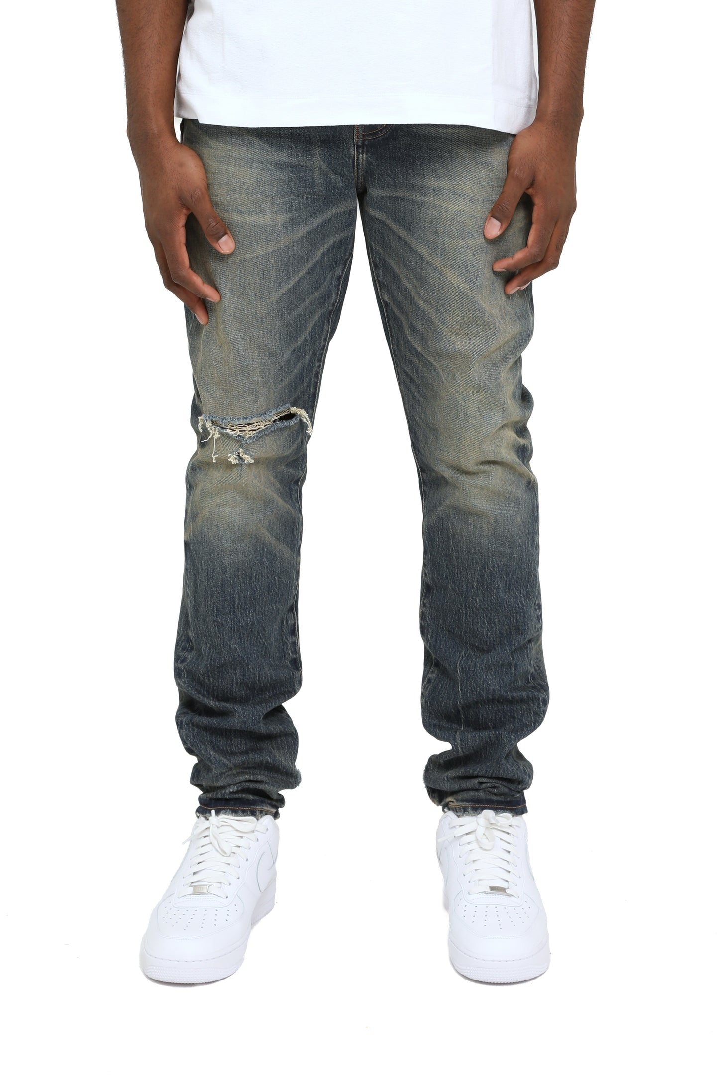 Stratos Vintage Knee Slit Denim in size 30 with mid-rise and slim straight fit design.