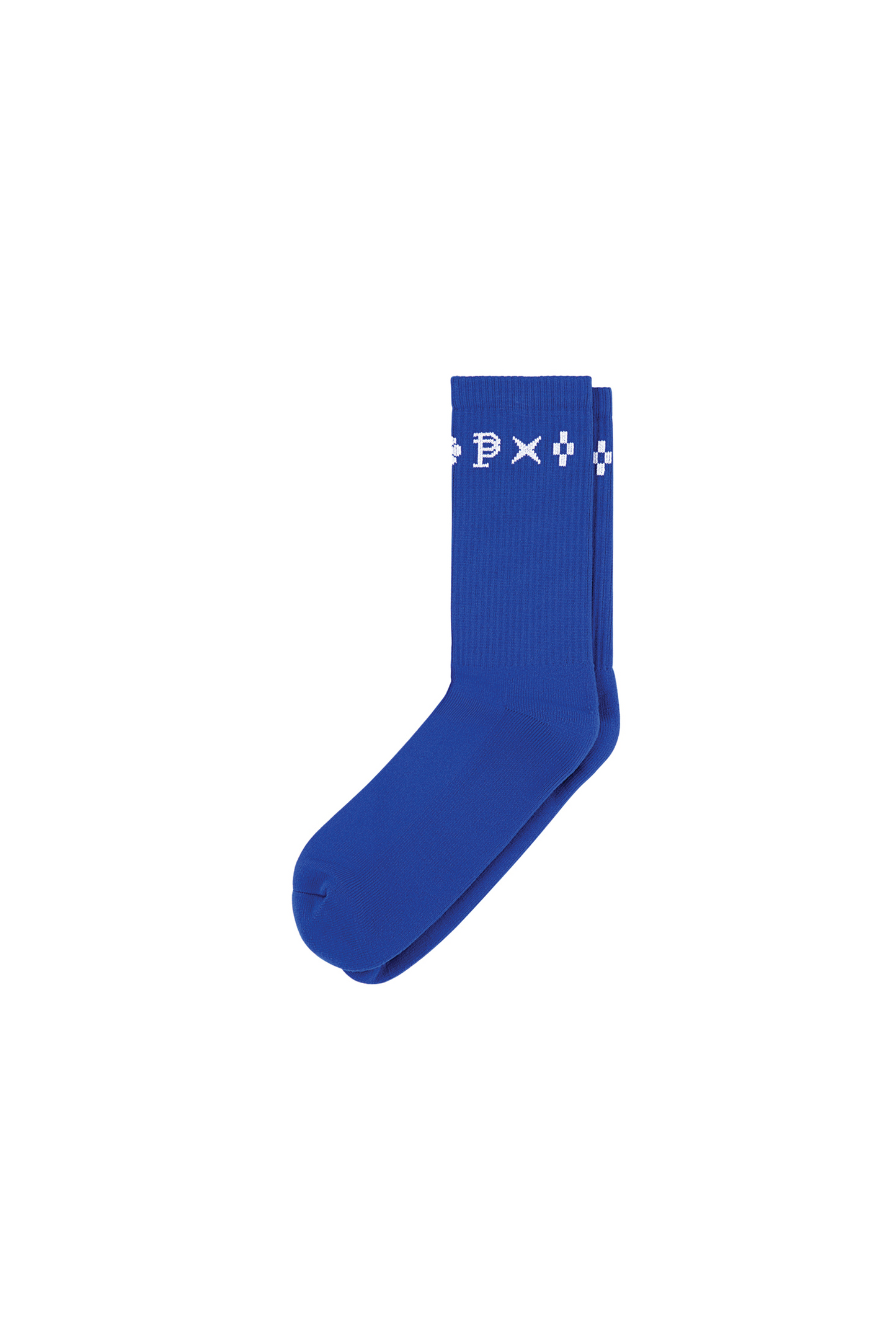 Black crew sock with "P" monogram print at the cuff, ribbed for a snug fit.