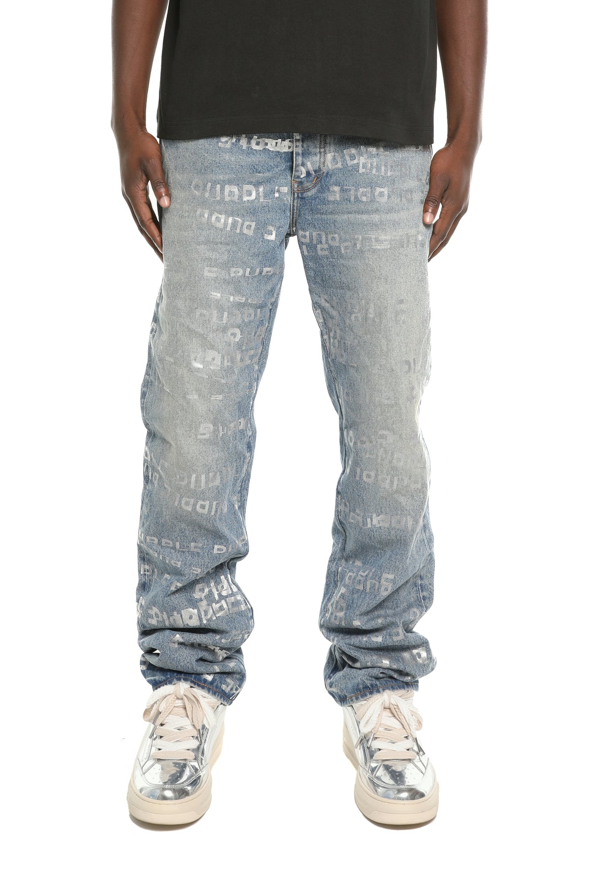 P011 Foiled Wordmark denim, mid rise, straight leg, available in sizes 28 to 40.