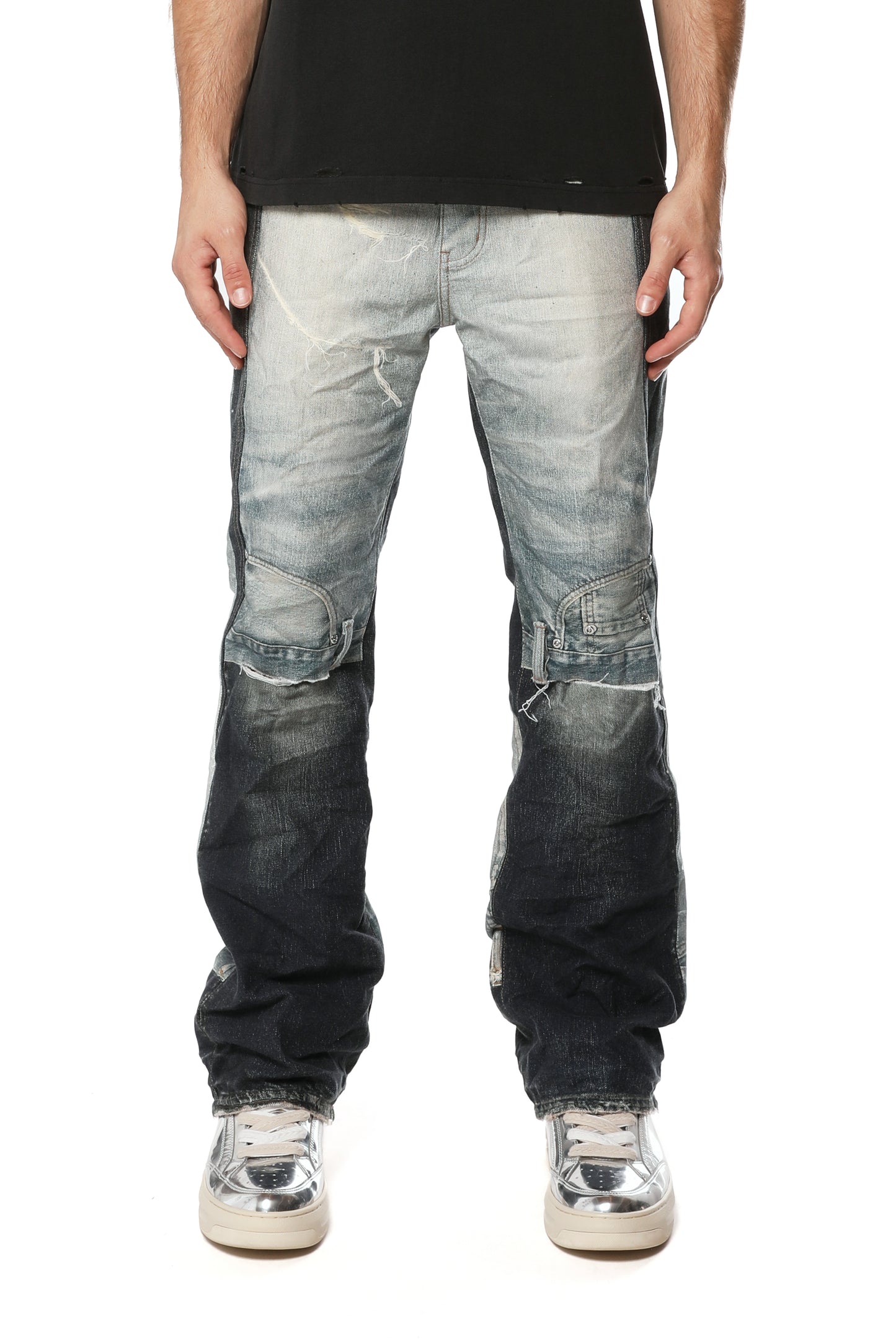 Bootcut jeans P026-UDBC326 with mid rise, 5 pockets, and button fly in white label collection.