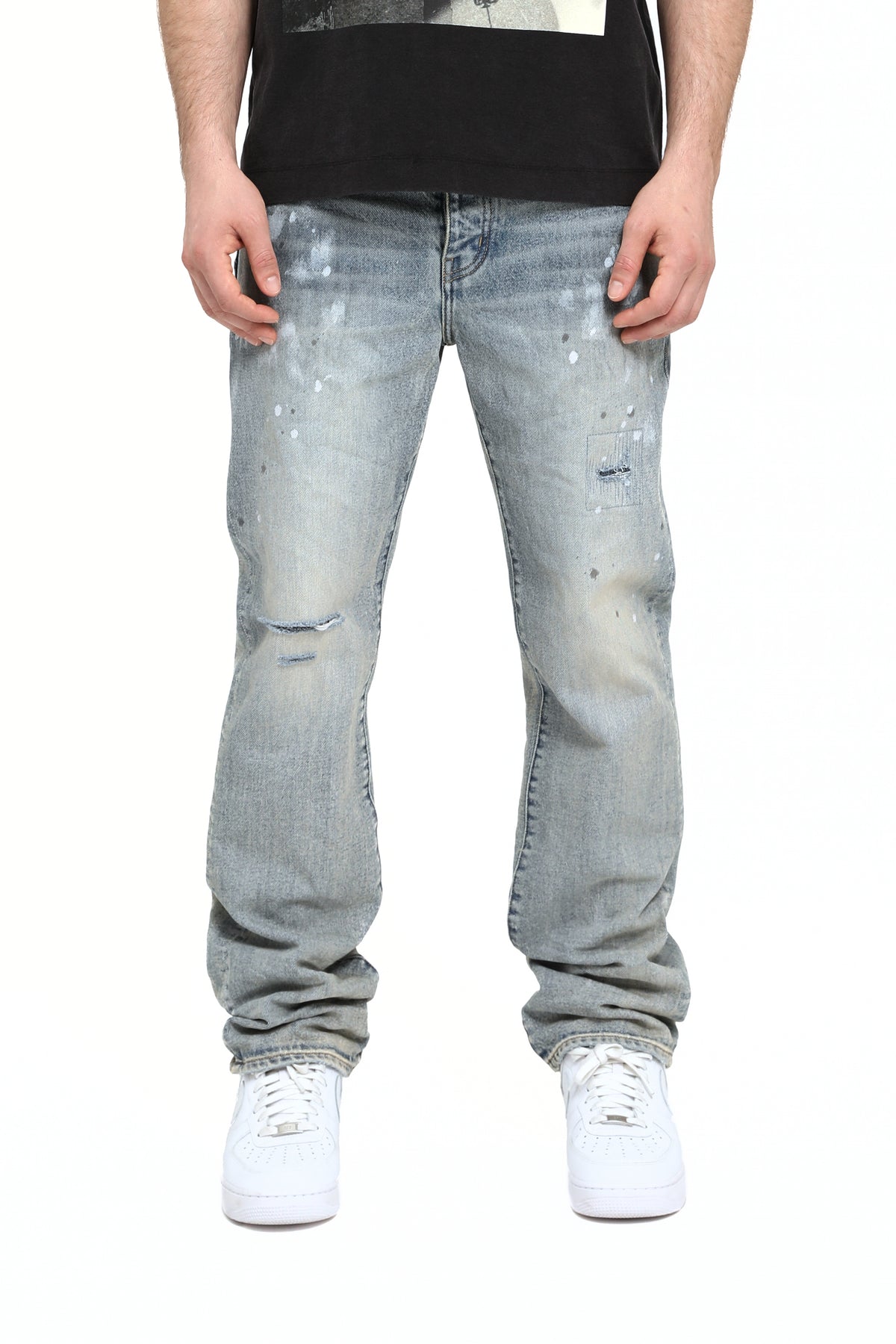 Light Vintage Slash Paint Denim with Knee Slit and Paint Splatters, available in sizes 28-40.