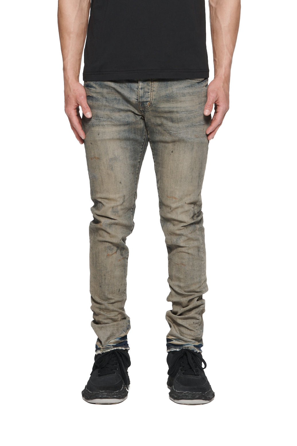 Industrial Worn Dirty Denim, Low Rise Stretch Skinny, sizes 28-40, featuring a signature Purple hangtag.