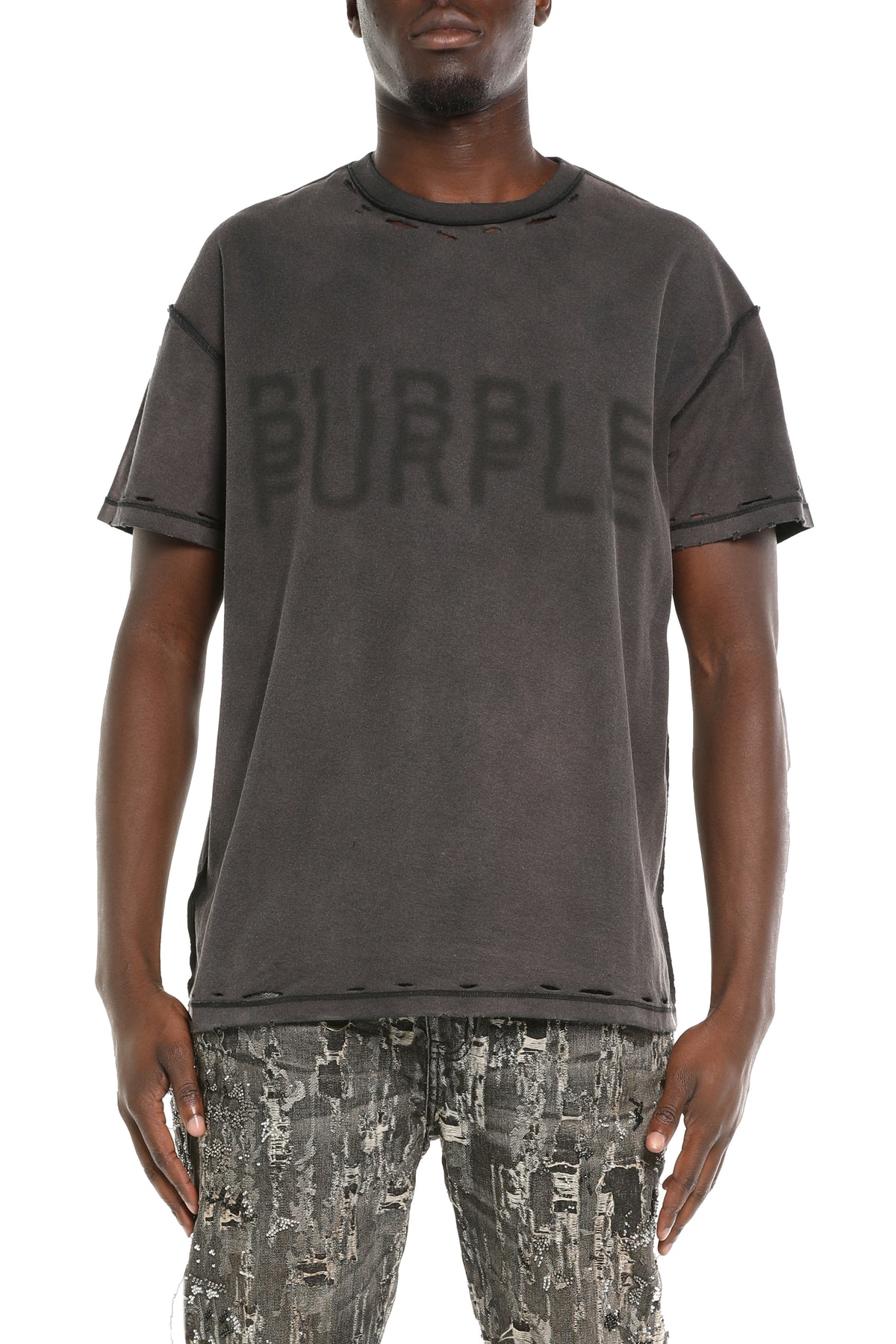 Shadow Wordmark Tee in white, regular fit, textured jersey, acid wash with distressing.
