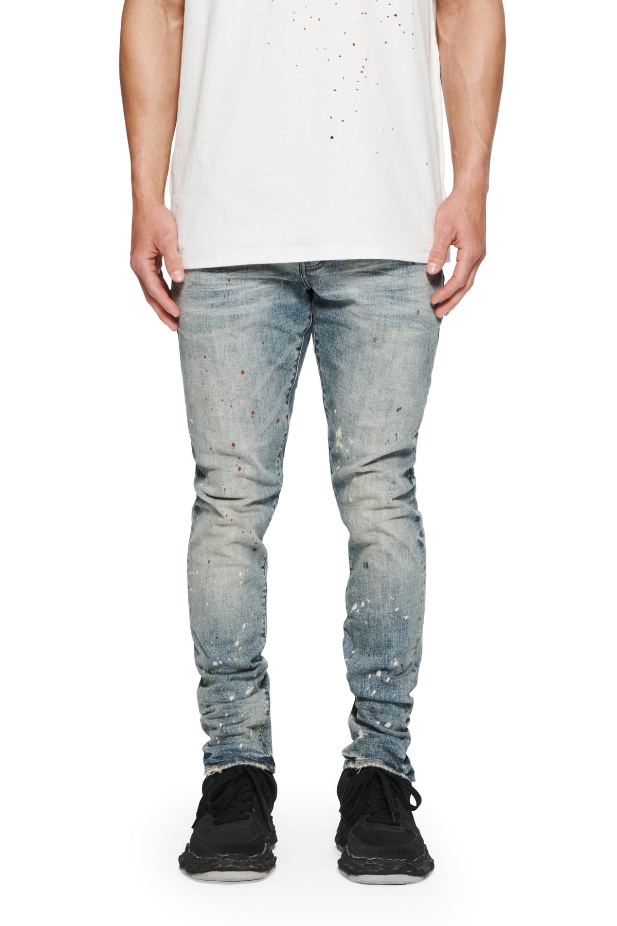 Faded Dappled Bleach Denim, Low Rise Stretch Skinny, size 28-40, features knee blowouts and paint spots.