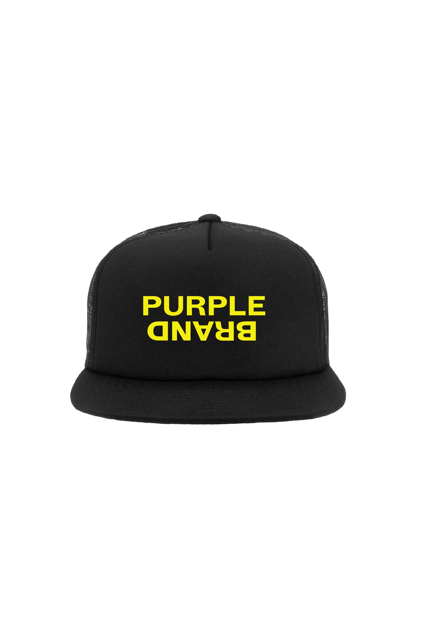P902 5 panel hat with yellow text, adjustable snapback closure, one size fits all.