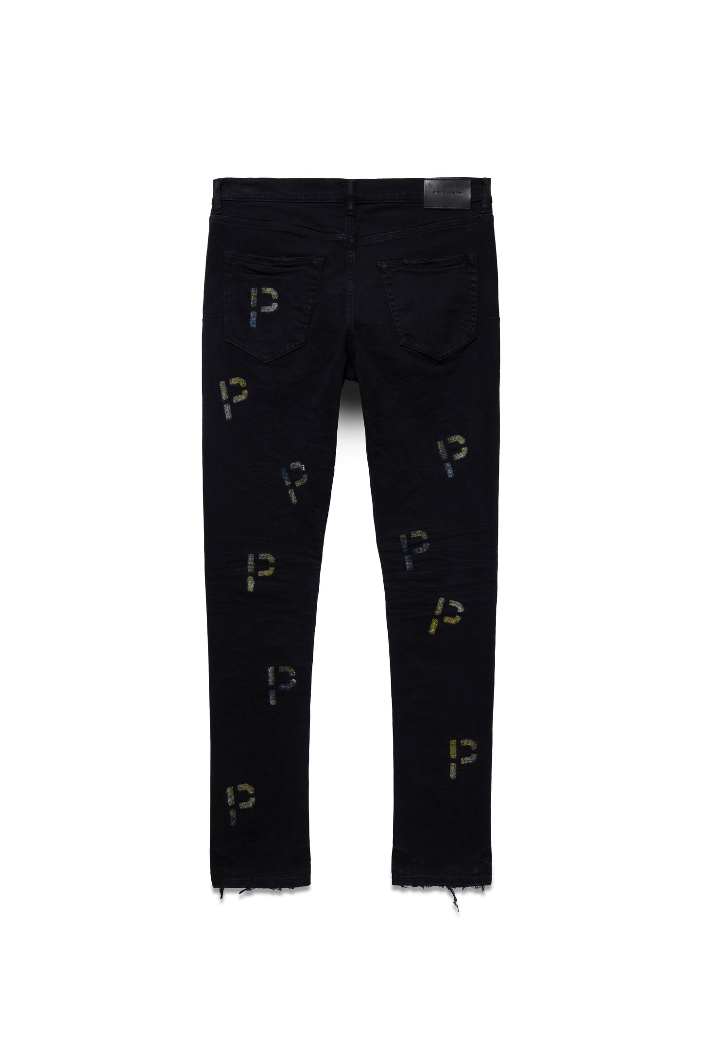 Low rise skinny jean with black indigo wash and embroidered P logo on plaid fabric.