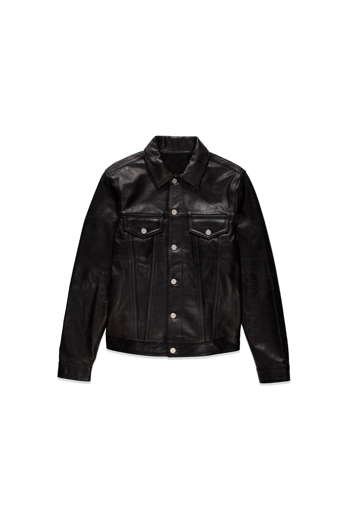 P028 Leather Trucker Jacket in regular fit with side and chest pockets, made from 100% genuine leather.