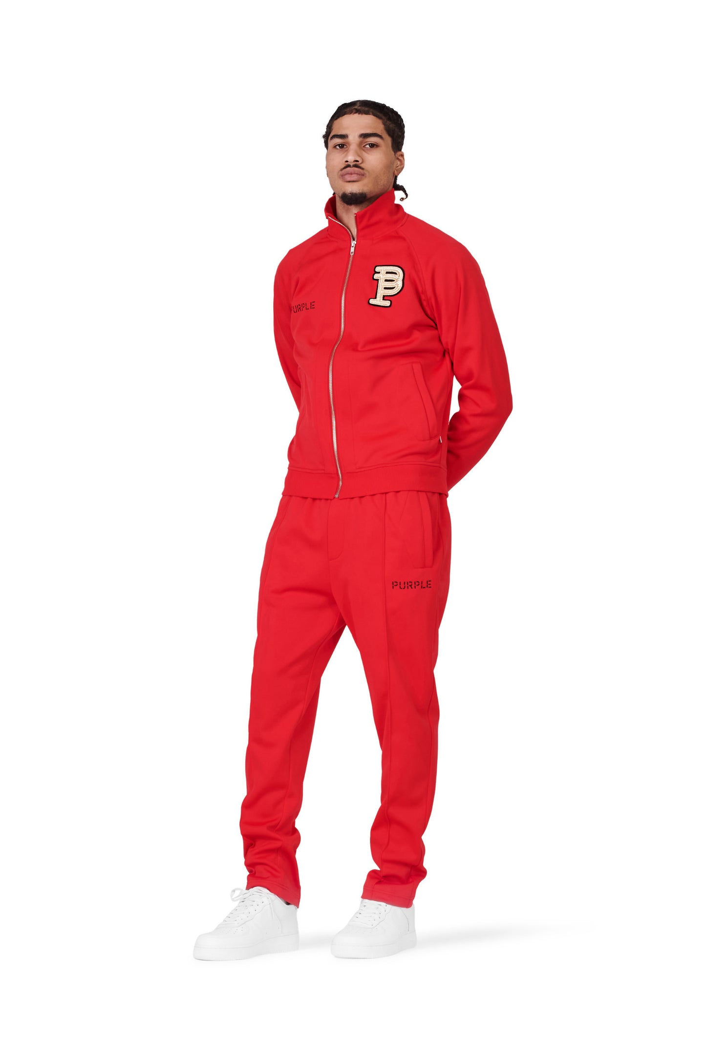 P415 Red Track Pant with regular fit, zipper pockets, and elastic waistband.