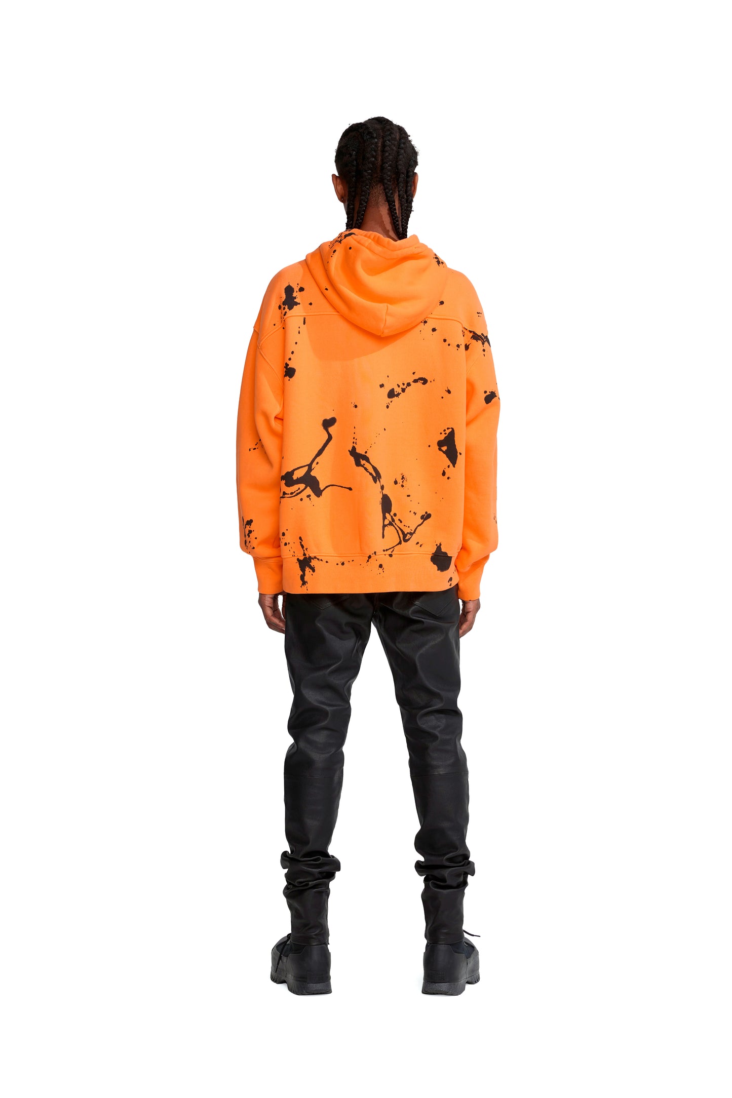 P420 oversized hoodie in black paint on neon orange, midweight French Terry, 100% cotton.