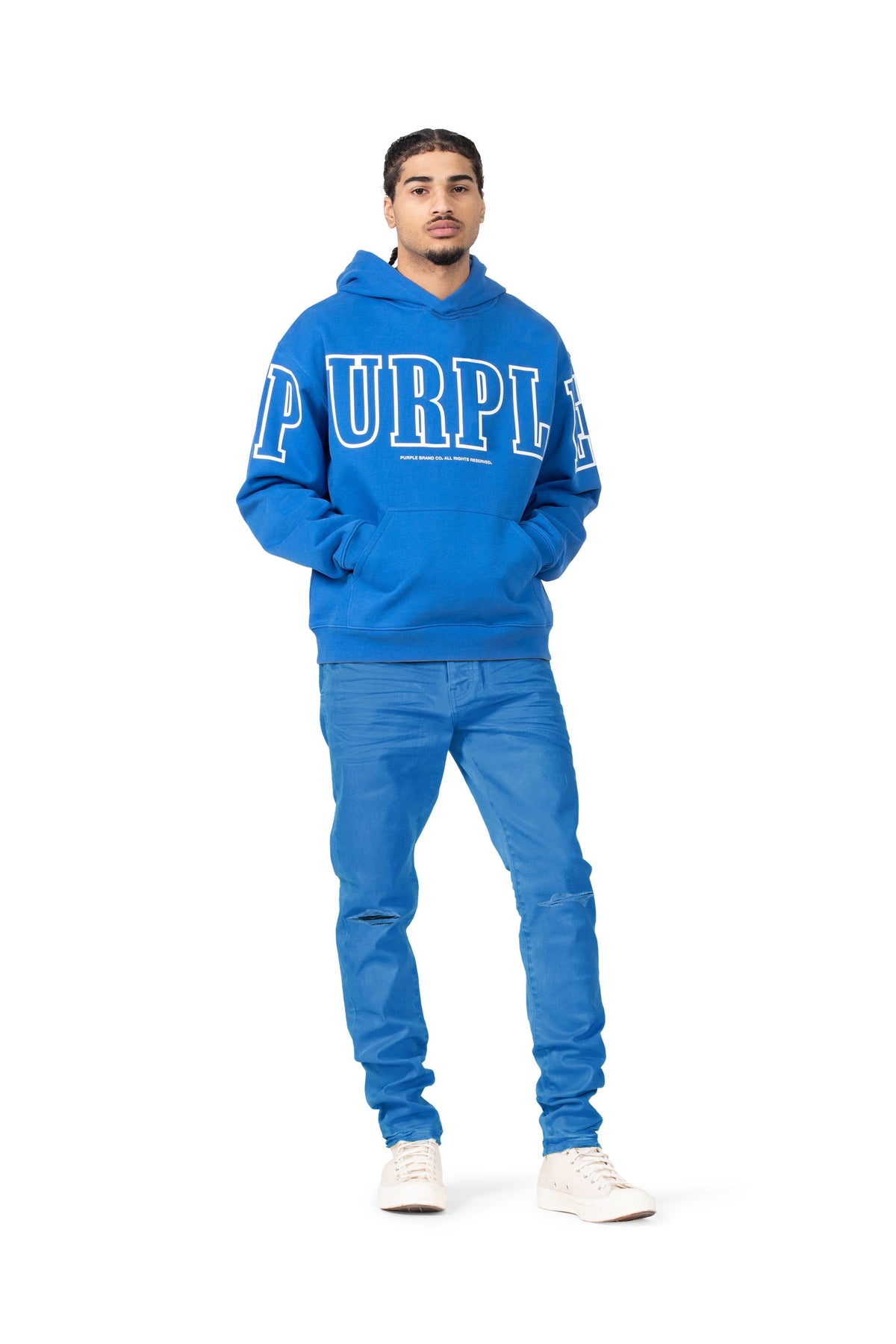 PURPLE BRAND - Men's Hoodie Sweatshirt - Style No. P404 - French Terry Blue - Model Styled Pose