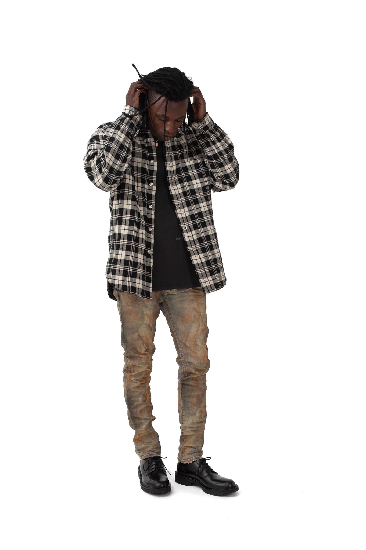P313 Quilted Jacket in Black/Off White, oversized shirt jacket with button closure and relaxed fit.