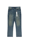P011 Green Cast Denim, Mid Rise Straight, sizes 28-40, featuring novelty wash and released hem.
