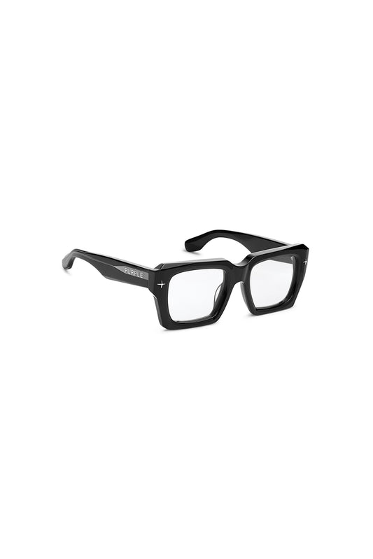 Black square-frame eyeglasses with clear lenses and subtle silver geometric accents on the temples, shown against a plain white background.