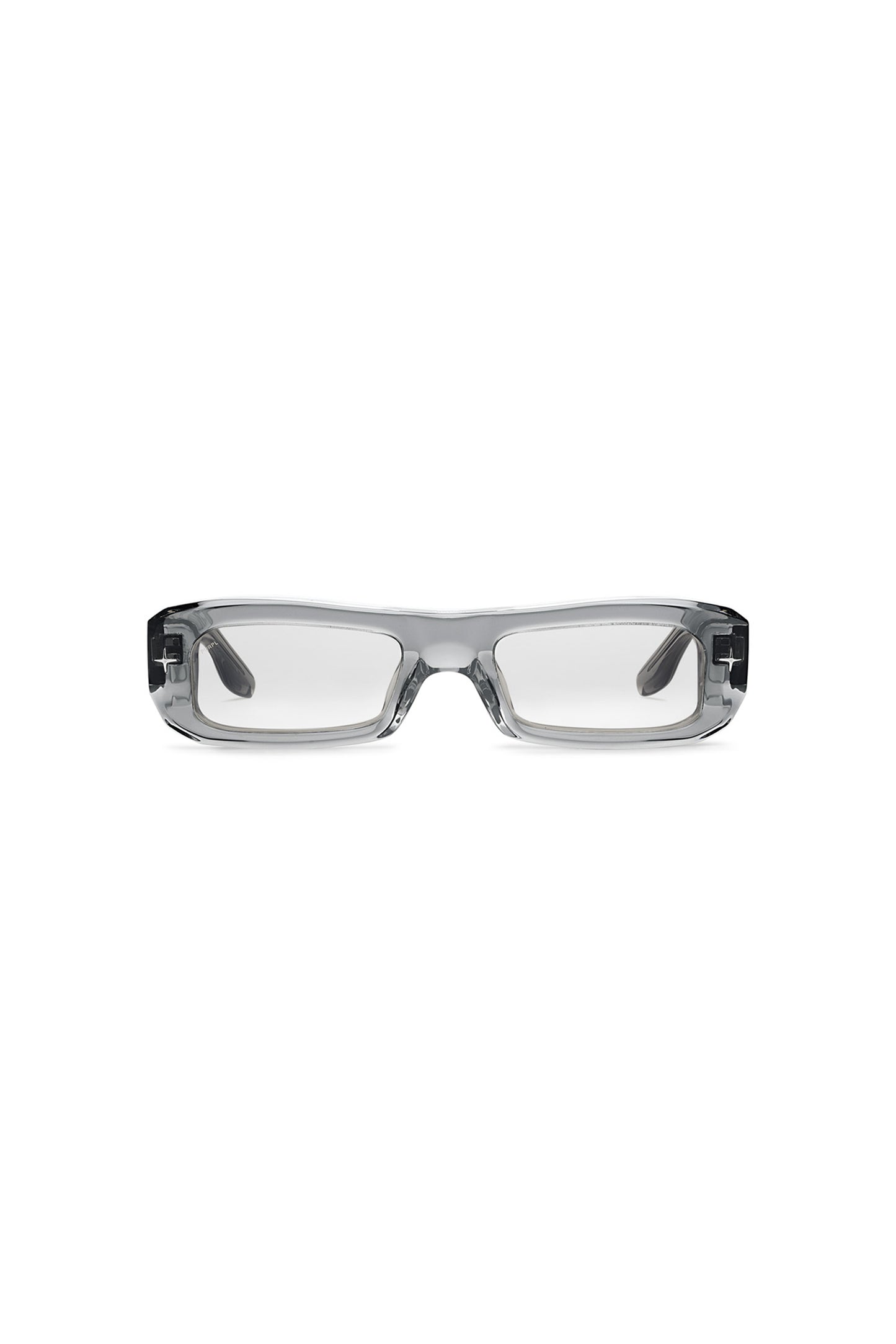 V002 Mercer rectangular sunglasses with semi transparent acetate frame and light silver tinted lenses