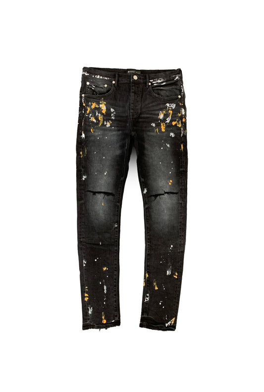 P001 LOW RISE SKINNY JEAN - Black Wash With Knee Slits And Paint
