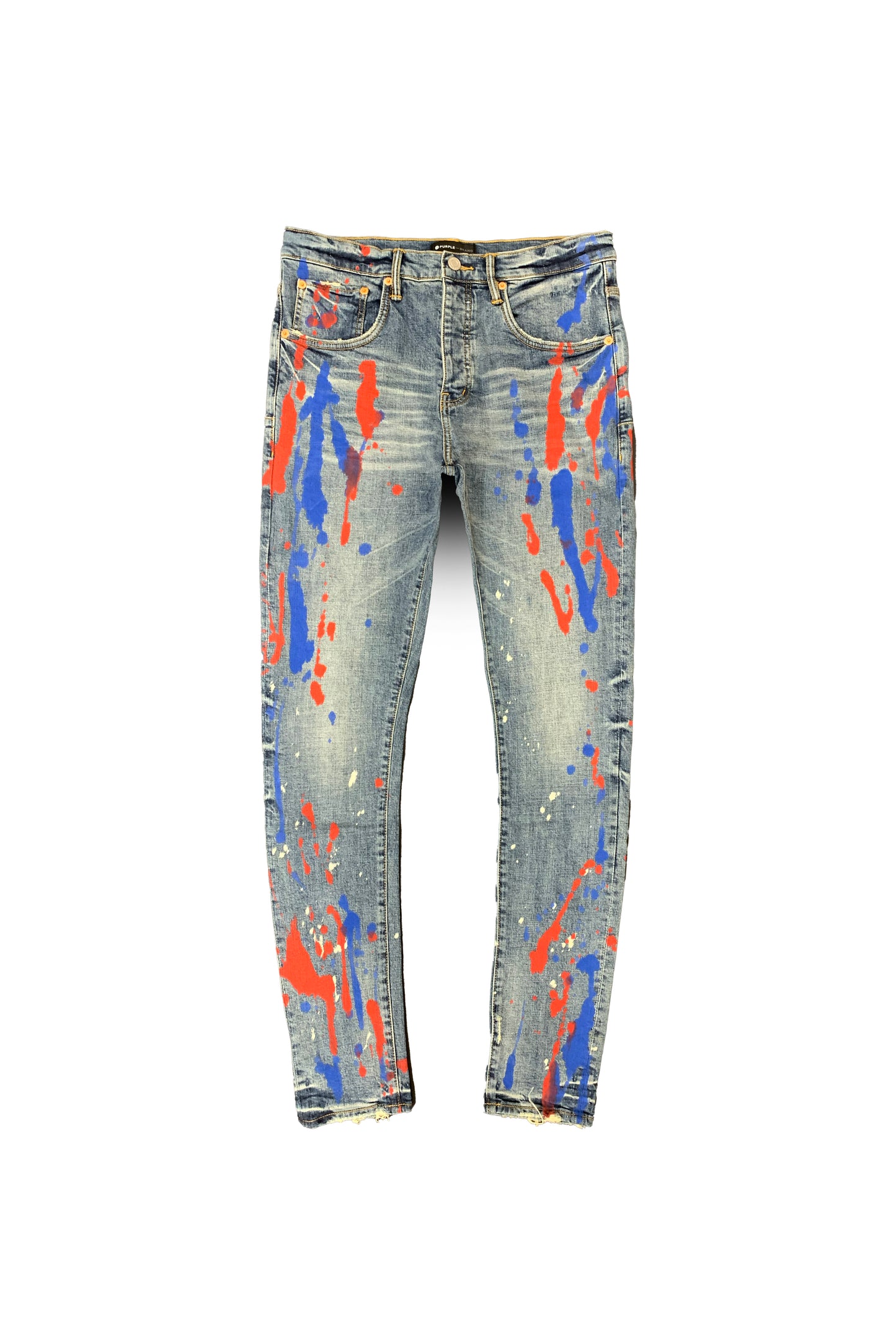 P002 MID RISE SLIM JEAN - Vintage Mid Indigo With Red Blue Paint