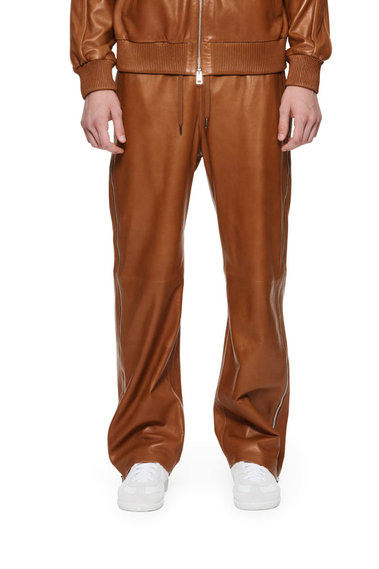 LEATHER SIDE ZIP TRACK PANT - Brown