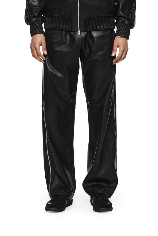 LEATHER SIDE ZIP TRACK PANT - Black