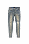 Mid indigo slim jeans with destroy paint detailing, made from premium stretch denim.
