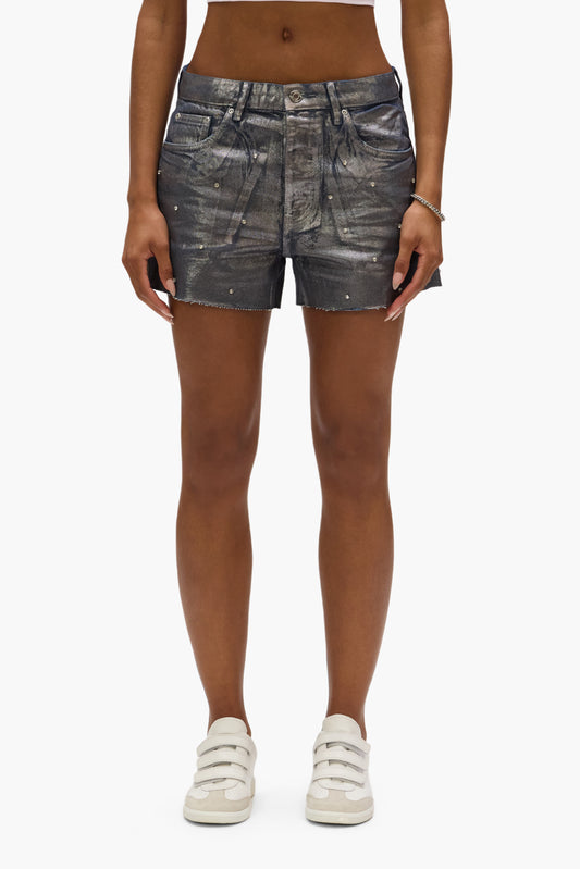 Foil Rhinestone Cut Off Shorts