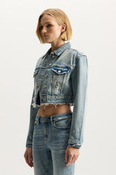 Paint Splatter Jacket for women, cropped length, front button closure, and chest pockets.