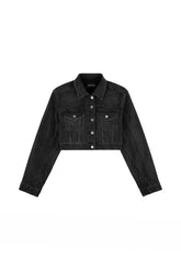 Twisted Crop All Over Crystal Jacket with twisted sleeve seams and front pockets