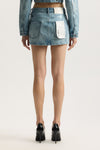 Monogram Mini Skirt in faded monogram design with low rise, front zipper, and 5 pocket styling.