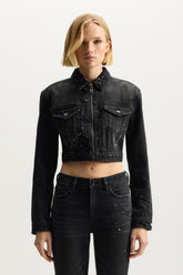 Paint Splatter Jacket, cropped outerwear, features front zipper closure and chest pockets.