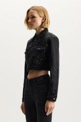 Paint Splatter Jacket in cropped length with front zipper and chest pockets, regular fit.