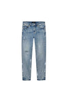 Mid Rise Skinny Denim with Paint Splatter detailing in Light Indigo, Ankle Length.