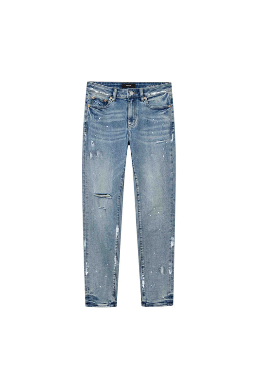Mid Rise Skinny Denim with Paint Splatter detailing in Light Indigo, Ankle Length.