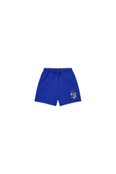 Kids' Keychain Shorts in Manzarine Blue, 100% cotton, relaxed fit, midweight fleece, elastic waistband.