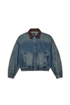 Green Cast Jacket in oversized design with leather trim collar and branded metal zipper closure.