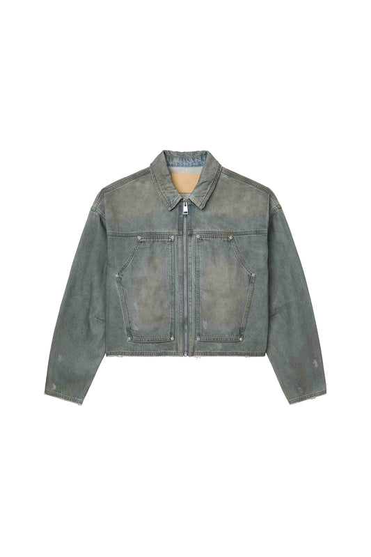 Light Dirty Wax Carpenter Jacket in Light Indigo with carpenter panels and pockets.