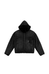 Reversible Hooded Jacket in brown with denim and faux fur, featuring a branded zipper front closure.