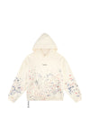 Wordmark Splatter Hoodie in Off-White, oversized fit with kangaroo pocket and silicone print.
