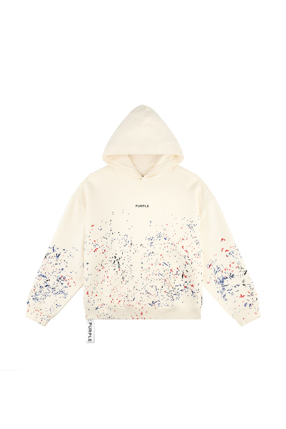 Wordmark Splatter Hoodie in Off-White, oversized fit with kangaroo pocket and silicone print.